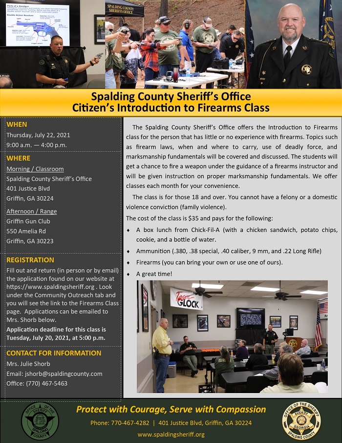 Spalding County Sheriff's Office Introduction to Firearms Class Flyer
