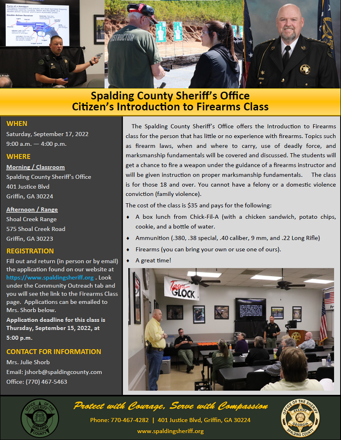 Spalding County Sheriff's Office Introduction to Firearms Class Flyer